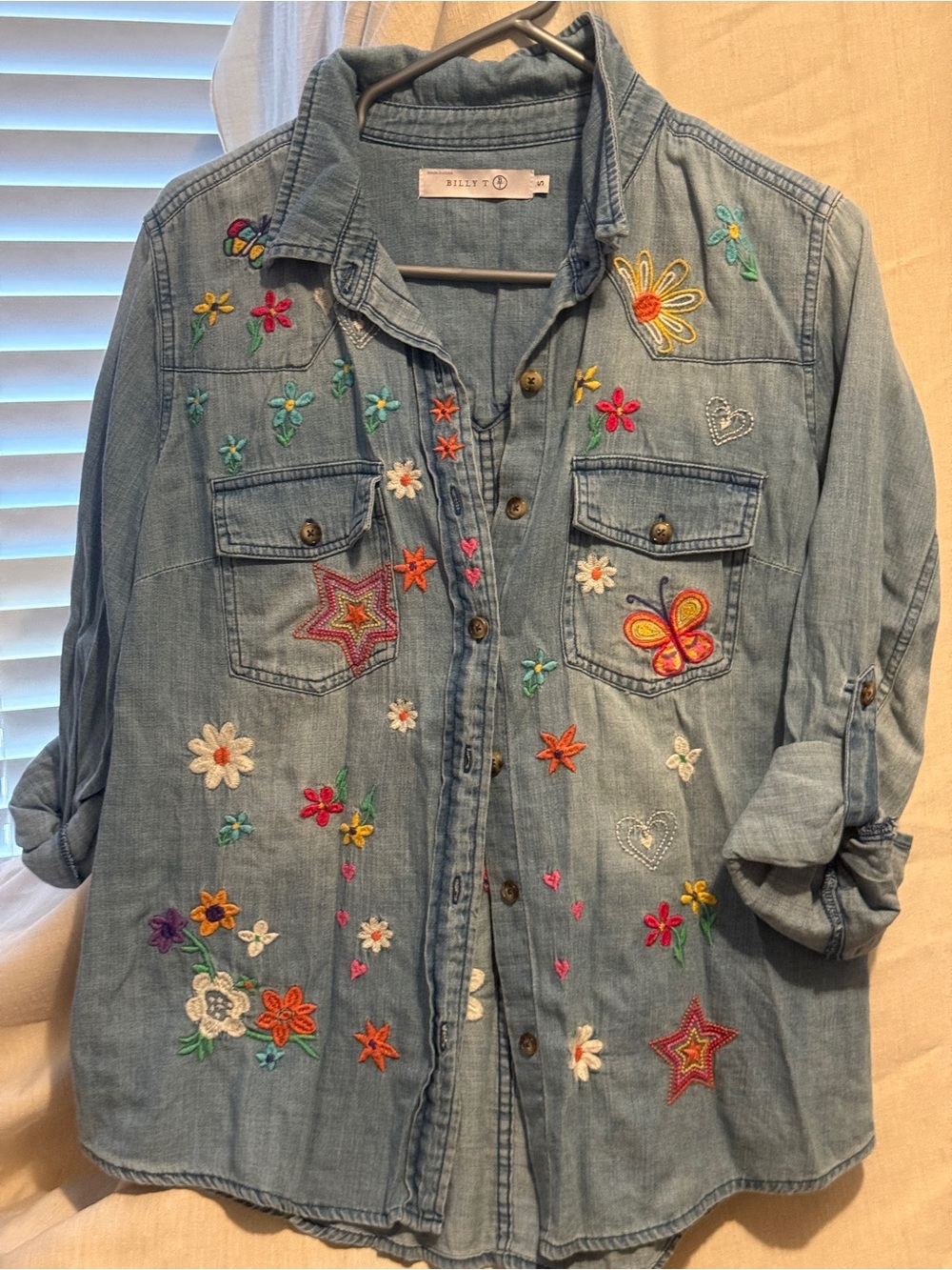 Embroidered Light Blue Denim Button-Down Shirt - Billy T